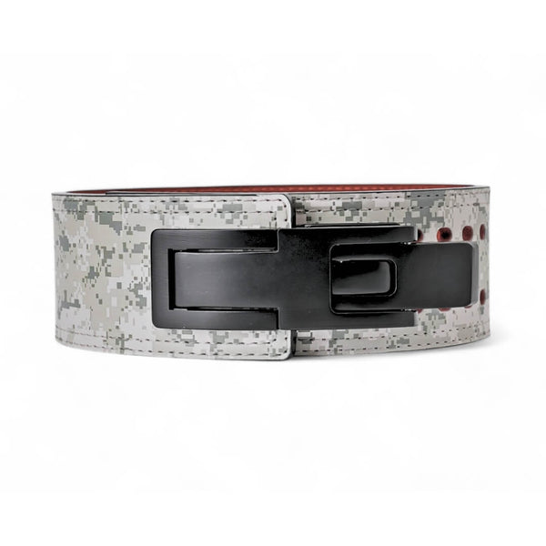 Main image of urban camo Weightlifting Belts on display with black lever buckle | Powerlifting belt featuring adjustable lever buckle. 
