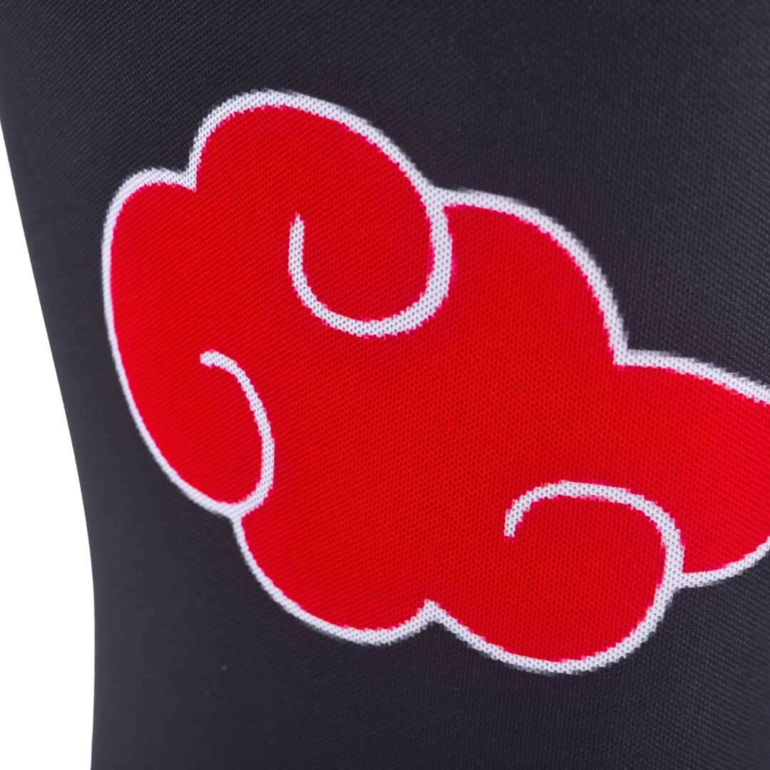 Tight detail of the white-edged red cloud on the Dawn Xtra-Stiff powerlifting knee sleeves against black neoprene