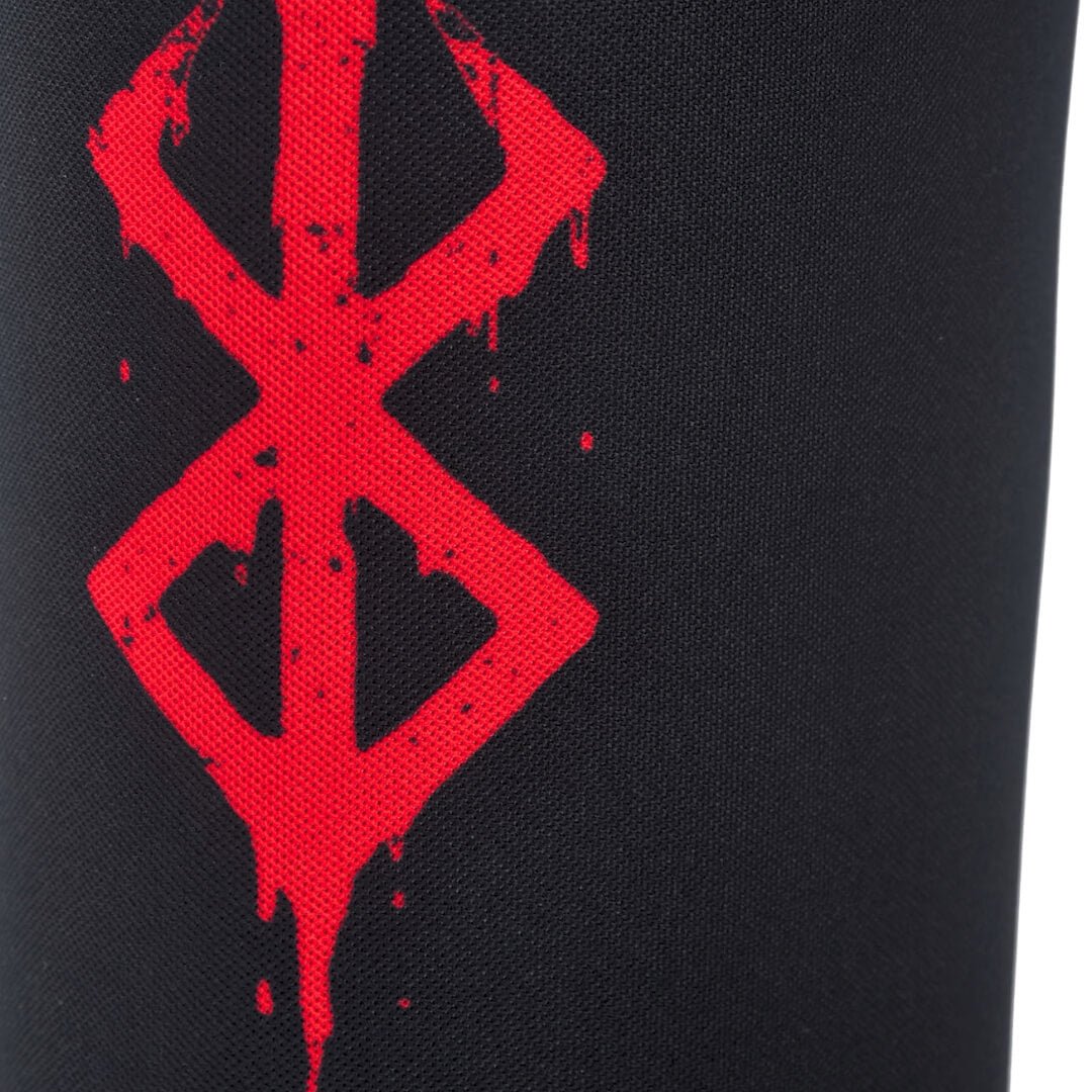 Close-up of the Sacrifice powerlifting knee sleeves print, a dripping red sigil on black sleeve fabric