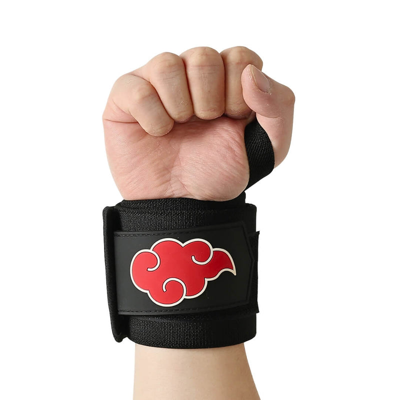 Front view of the Dawn Xtra-Stiff wrist wraps on a clenched fist, a raised red cloud outlined in white on black