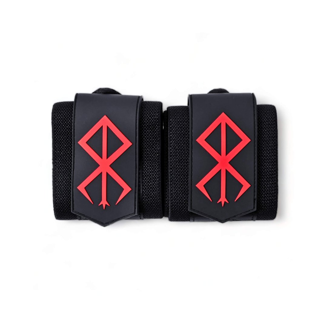 Close up Berserk's XTRA-STIFF Wrist Wraps. Perfect for anime fans and serious lifters, these wraps offer unmatched wrist stability and support for weightlifting, powerlifting, and strength training.
